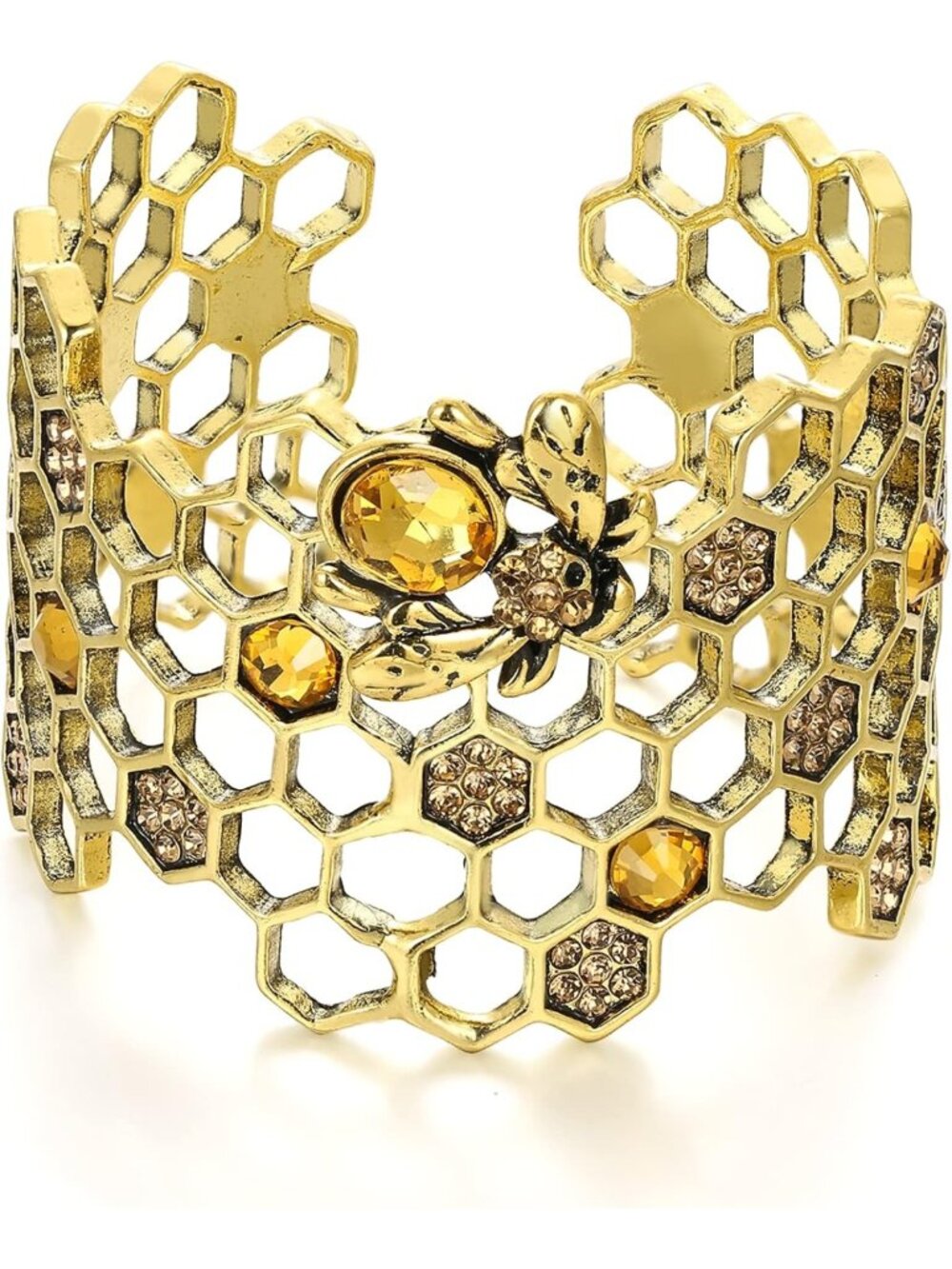 Vintage Gold Statement Bracelet - Honey Bee & Honeycomb Cuff Bangle for Women